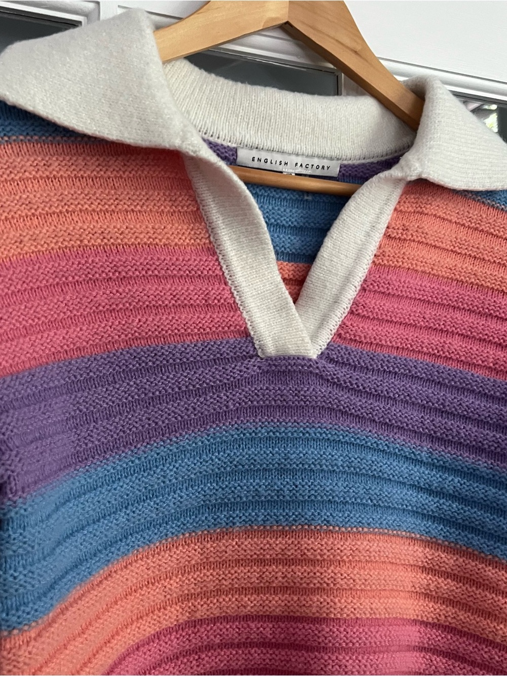 English Factory Striped V-Neck Sweater in Coral, Pink, Purple, Blue & White - Picture 5 of 6